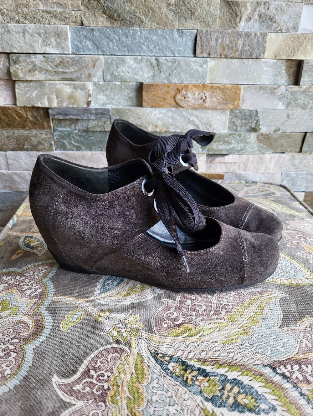 Hōgl Women's Dark Brown Suede Wedge Pumps with Ribbon Tie